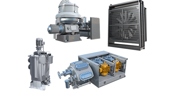 Various industrial components for fuel, oil, water, and air management, including pumps, separators, filters, and cooling systems, arranged on a white background