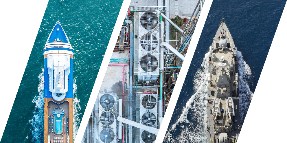 Three bars featuring aerial views of a cruise ship, power plant, and navy vessel, representing the three industries MSHS Pacific Power Group serves