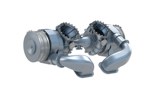 Two industrial turbochargers with visible turbine housings and intake pipes, shown on a white background