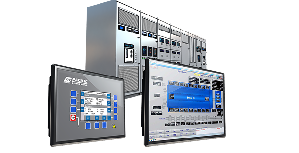 Industrial control systems and automation equipment, featuring touch-screen panels with digital displays in front of server racks or control cabinets