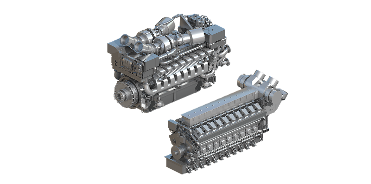 Two large industrial engines shown from different angles, highlighting detailed mechanical components such as pipes, cylinders, and housings