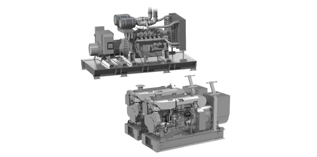 wo industrial generator sets displayed from different angles, showcasing engine components, exhaust systems, and mounted bases